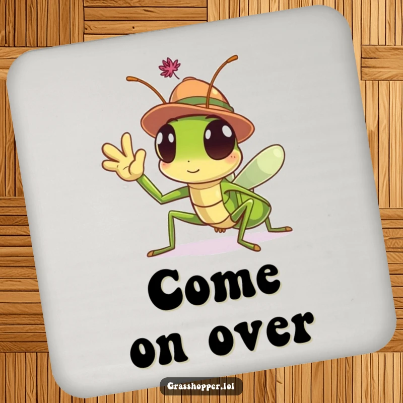 Funny Grasshopper Coaster featuring a hat-wearing insect waving hello, perfect for protecting surfaces with humor.