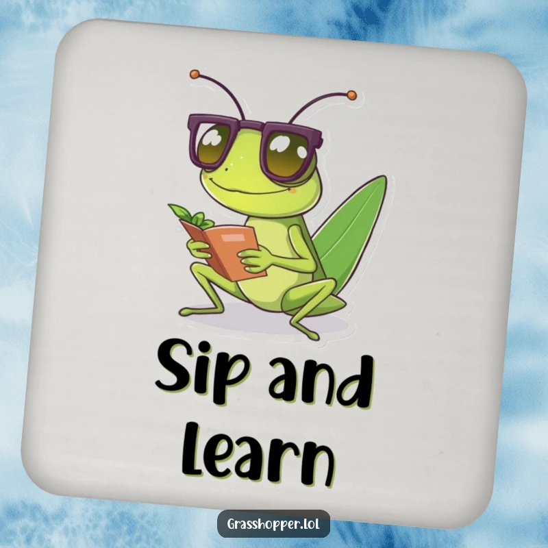 Funny grasshopper wearing tiny spectacles reads a small leaf, printed on protective drink coasters.