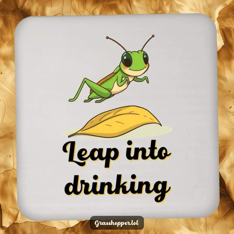Funny grasshopper caught mid-leap over a fallen leaf on a drink coaster, cute and functional nature gift.