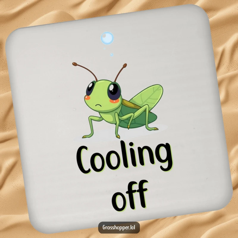 Funny kawaii grasshopper coaster featuring a grasshopper surprised by a dewdrop, protecting surfaces with humor.