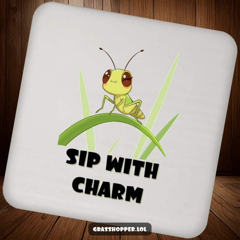 Funny Winking Grasshopper Coaster: An insect winking while balancing, guarding your drinks with funny, cool flair.