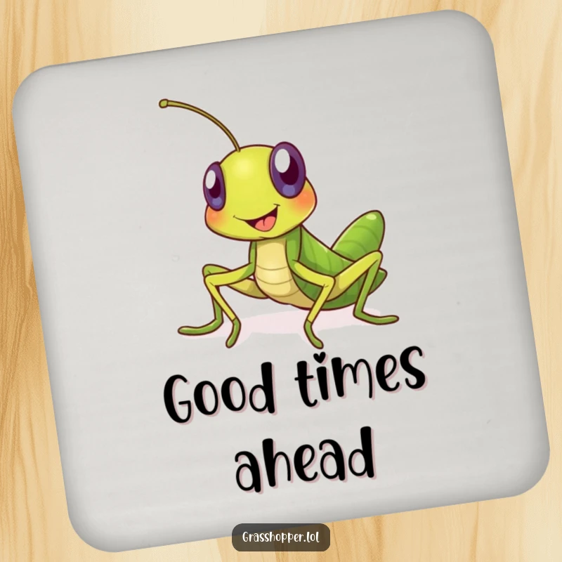 Funny grasshopper drink coaster with a large, happy smiling insect inviting drinks. A small but impactful funny gift for any home.
