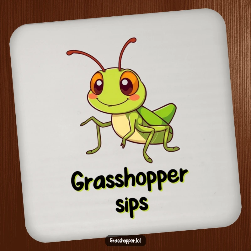 Kawaii grasshopper coaster featuring a silly grinning grasshopper waving its antennae, protecting surfaces with cuteness.