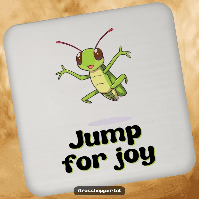 Funny grasshopper coaster featuring a grasshopper mid-dramatic jump, adding a humorous and protective touch to tables.
