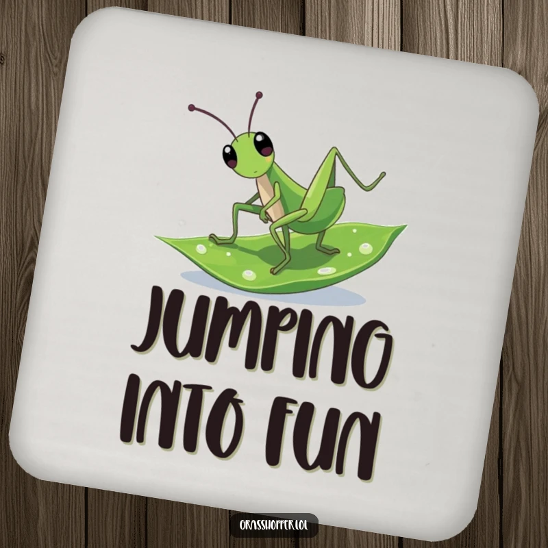Funny Coasters: A grasshopper doing a cartwheel on a dewy leaf, adding playful nature charm to surface protection.