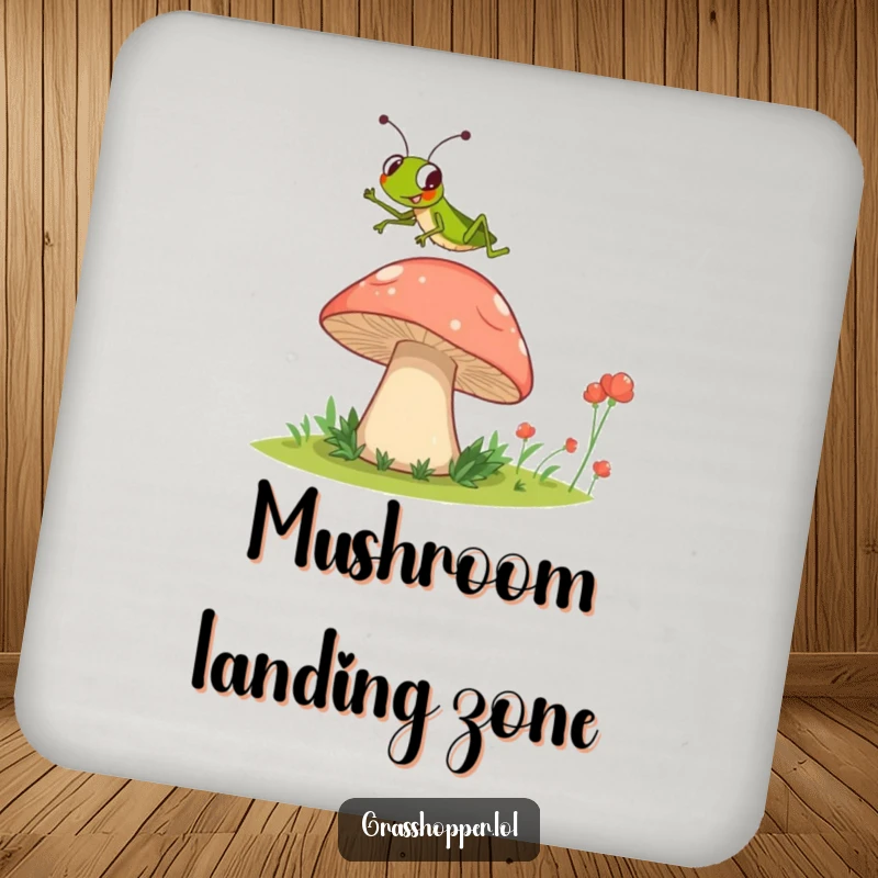 Funny Grasshopper Coaster showing a grasshopper mid-jump over a mushroom, a delightful addition to any table.