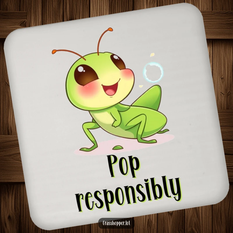 Funny grasshopper drink coaster featuring a cute, giggling insect blowing a small bubble, protecting tables with humorous flair.