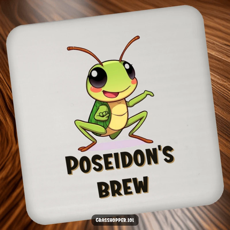 Kawaii grasshopper coaster featuring a happy grasshopper in a dynamic pose, protecting surfaces with energy.