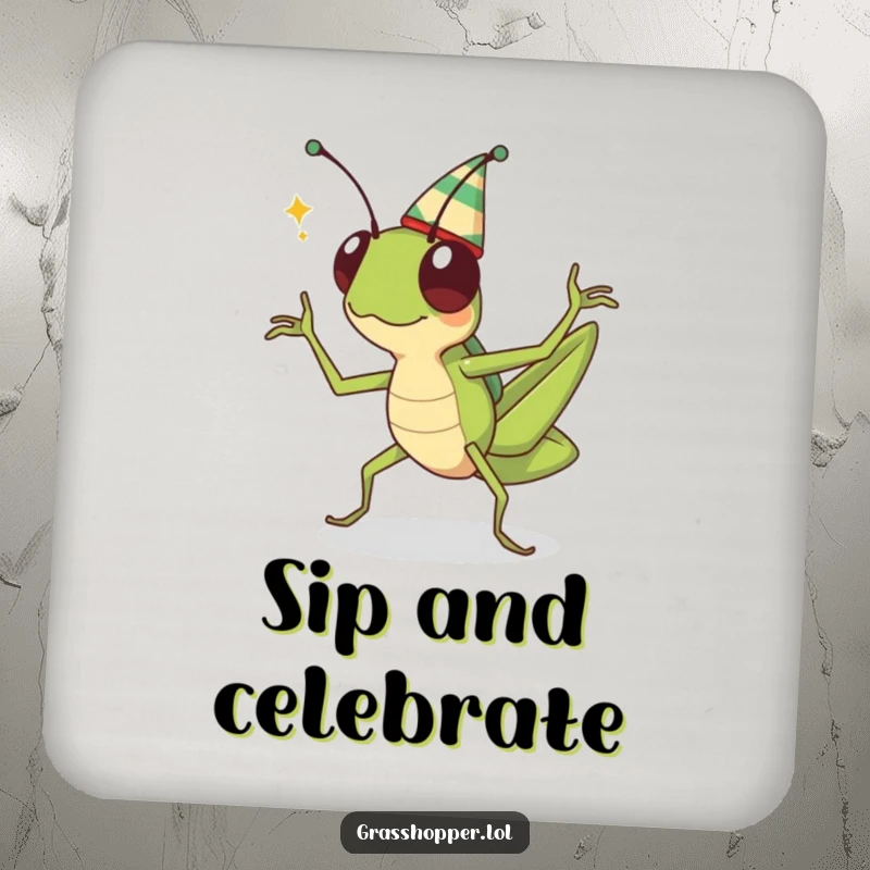 Funny kawaii grasshopper in a hat, doing a celebratory dance, depicted on a protective drink coaster.