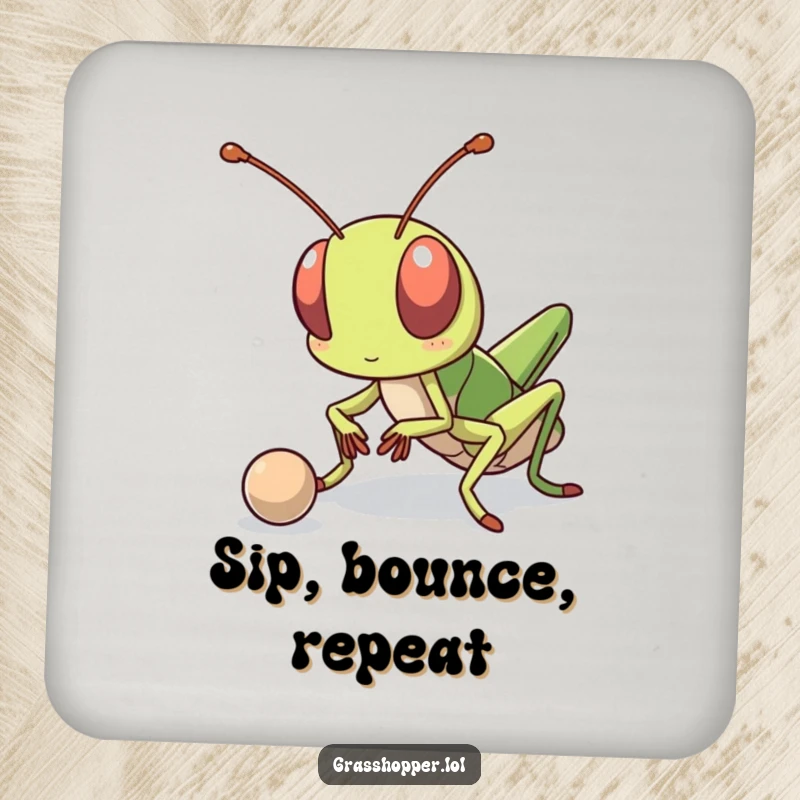 Funny kawaii grasshopper with a determined look, bouncing a ball, depicted on a protective drink coaster.