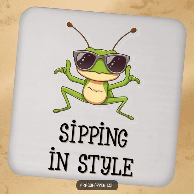 Funny drink coaster featuring a grasshopper wearing sunglasses and striking a cool pose, perfect for table protection and funny gifts.