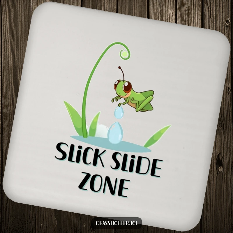 Funny grasshopper mid-slide down a dewdrop, depicted on a drink coaster, adding a humorous element to beverage service.