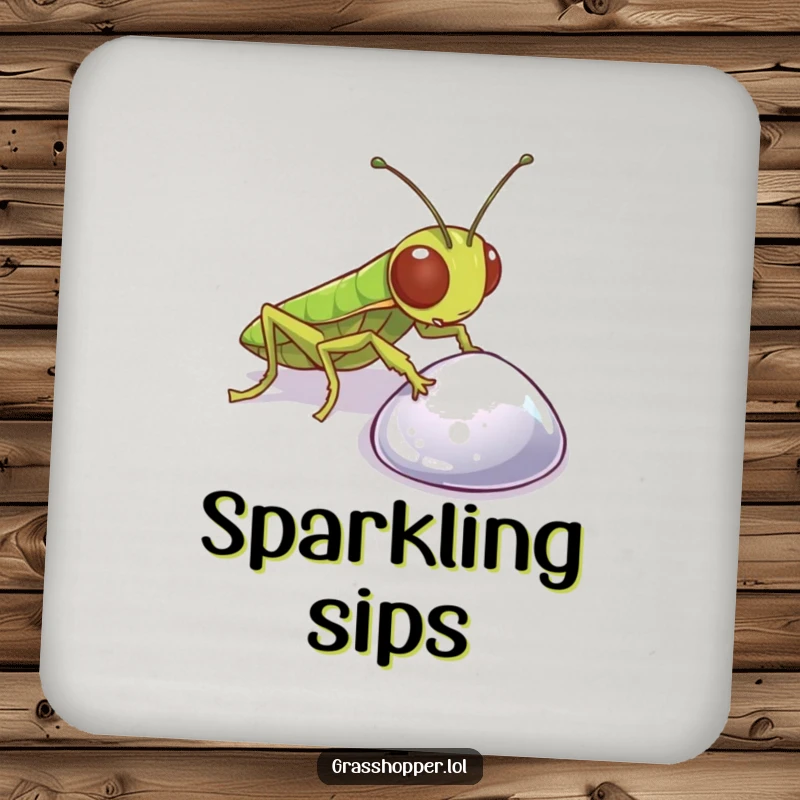 Funny Grasshopper Coaster featuring a curious insect examining a pebble, perfect for protecting surfaces with humor.