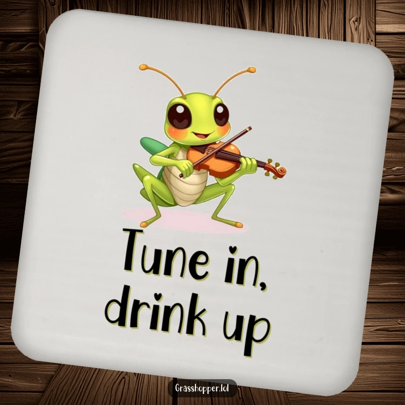 Funny grasshopper playing a tiny violin with a cheerful expression, printed on protective drink coasters.