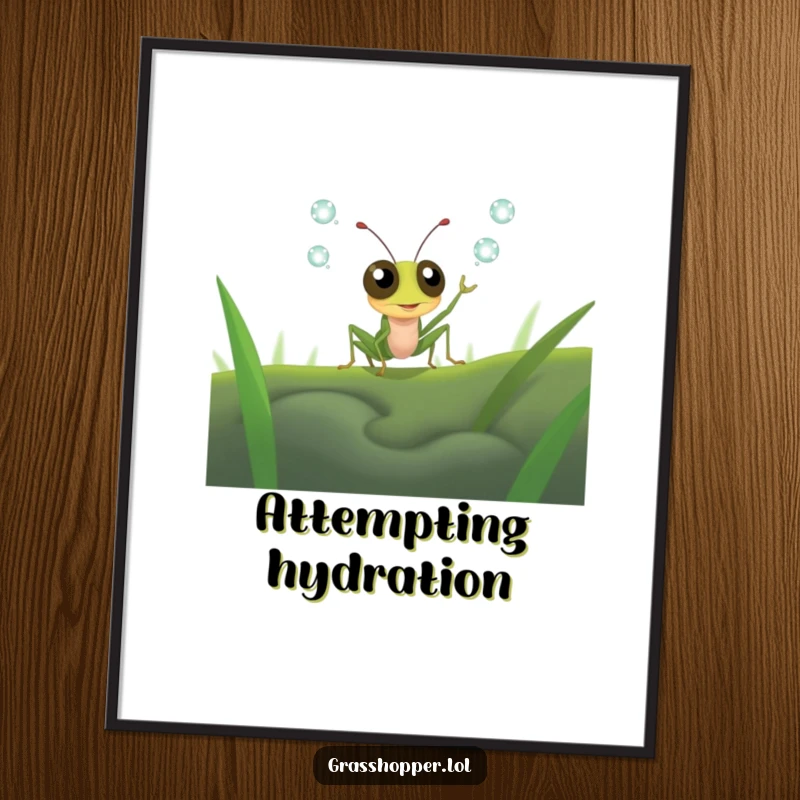 Funny grasshopper with exaggerated wide eyes attempting to juggle tiny dewdrops, humorous wall art, poster gift.
