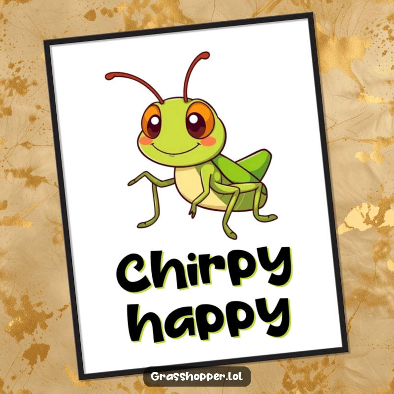 Kawaii grasshopper poster print of a cute grasshopper with a silly grin, waving its antennae, adding charm to walls.