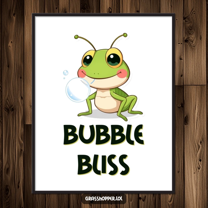 Funny grasshopper joyfully blowing a large bubble, presented as vibrant wall art, bringing humor and delight to any interior.