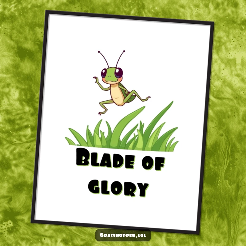 Funny grasshopper character dances energetically on a blade of grass on this poster, a dynamic funny gift.