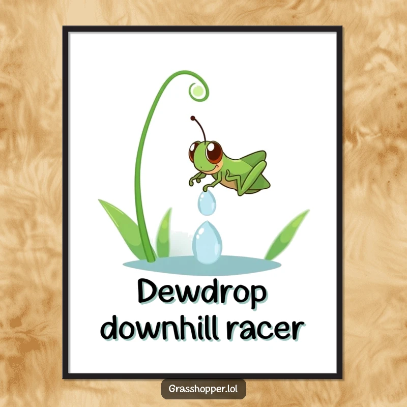 Funny grasshopper captured mid-slide down a dewdrop, presented as vibrant wall art, bringing humor and delight to any interior.