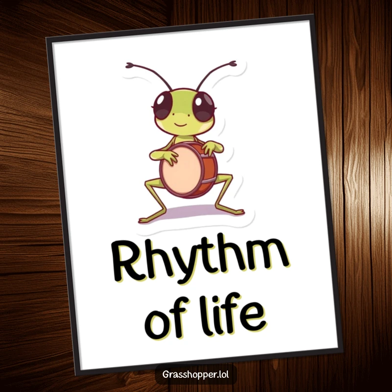 Funny grasshopper poster, playing a tiny drum with its front legs, creating a lively, rhythmic beat.
