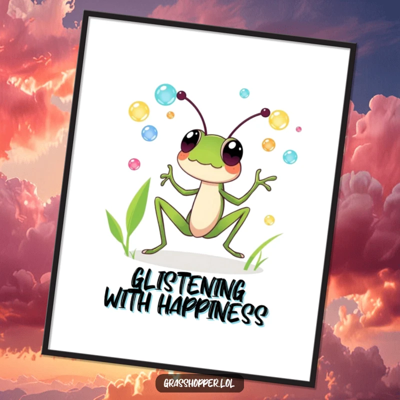 Funny poster of a grasshopper delightedly juggling colorful dewdrops, ideal for wall art and funny gift ideas.