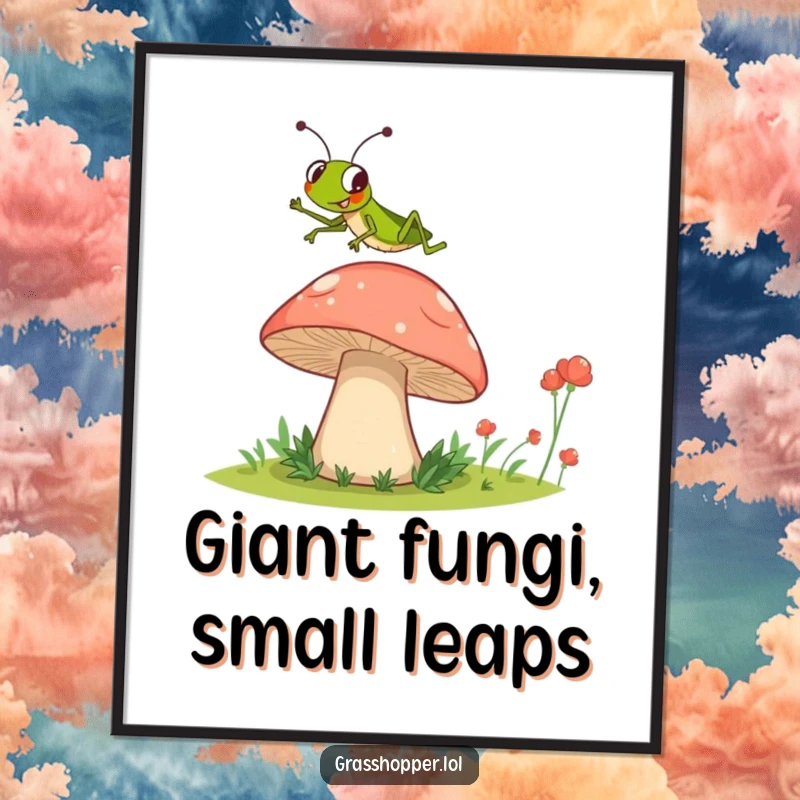 Funny Grasshopper Poster capturing a grasshopper mid-air, joyfully jumping over a massive mushroom, bringing art and humor.