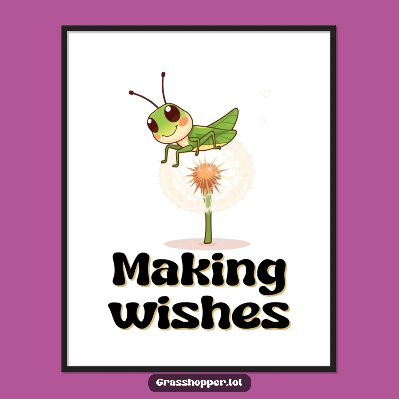 Funny Grasshopper Poster: Bouncing Insect Dandelion, Humorous Fun Art