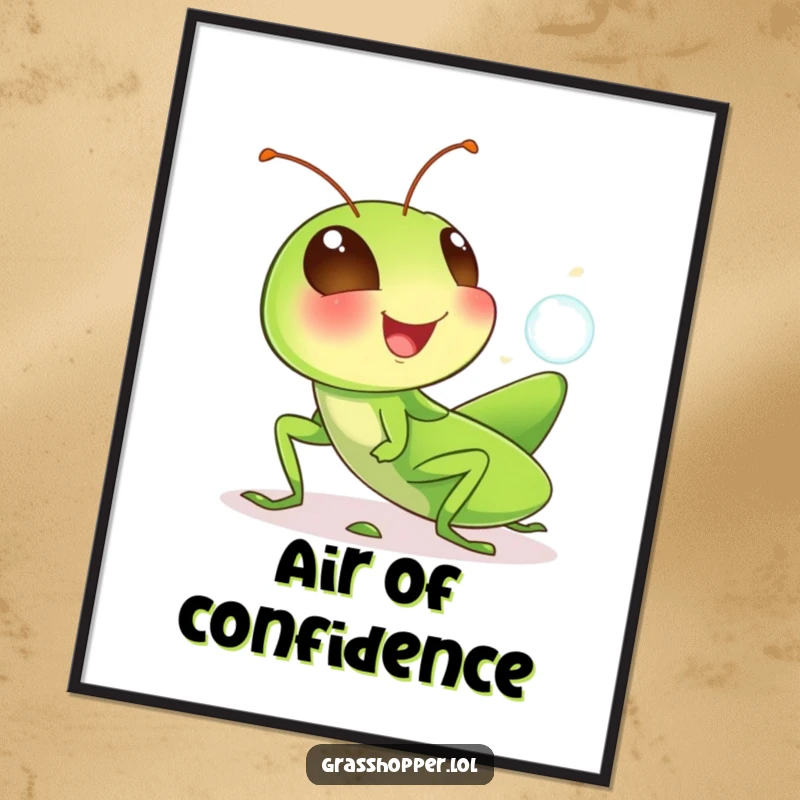 Funny grasshopper poster featuring a cute, giggling insect blowing a tiny bubble, creating a whimsical and humorous wall art piece.