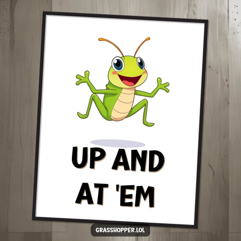 Funny bright green grasshopper, beaming with a huge smile, frozen in a high, ecstatic leap on this humorous poster.