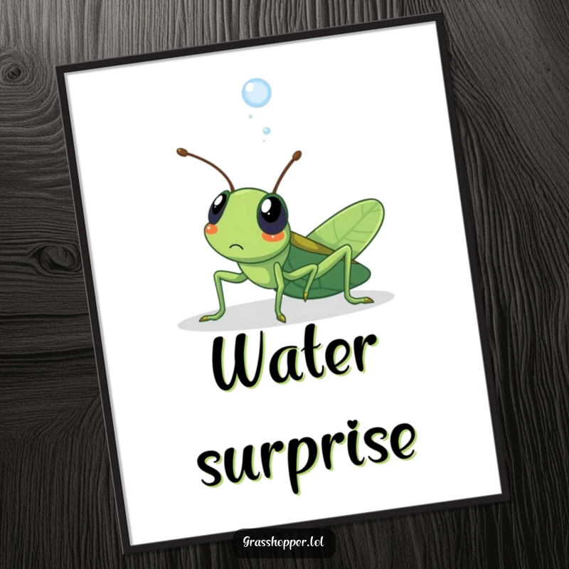 Funny kawaii grasshopper poster print of a grasshopper looking surprised as a dewdrop lands on it, creating humorous decor.