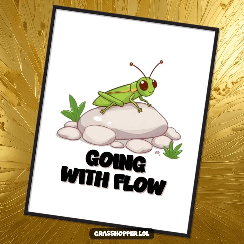 Funny Grasshopper Poster featuring a happy insect sliding down a smooth pebble, perfect for adding playful decor.