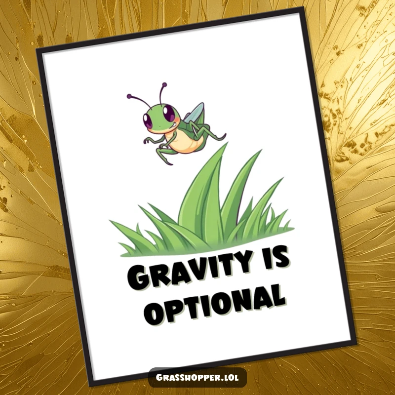 Funny Grasshopper Poster featuring a happy grasshopper in a dynamic leap over a blade of grass, ideal for uplifting wall art.