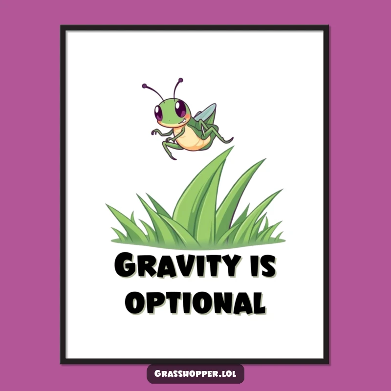 Funny Grasshopper Art Print: Happy Leap Over Grass Decor