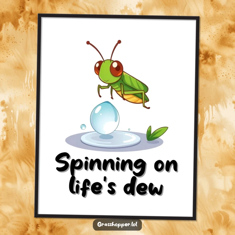 Funny Grasshopper Poster showcasing a grasshopper gracefully spinning on a dewdrop, adding whimsical decor.