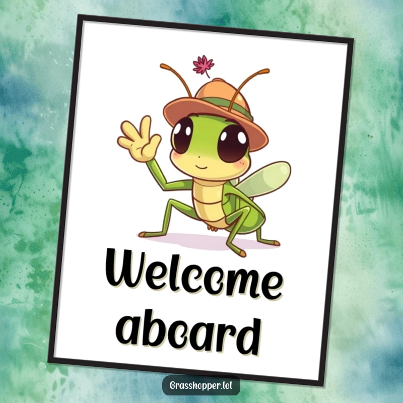 Funny Grasshopper Poster featuring a charming insect in a hat waving, perfect for adding whimsical decor to any room.