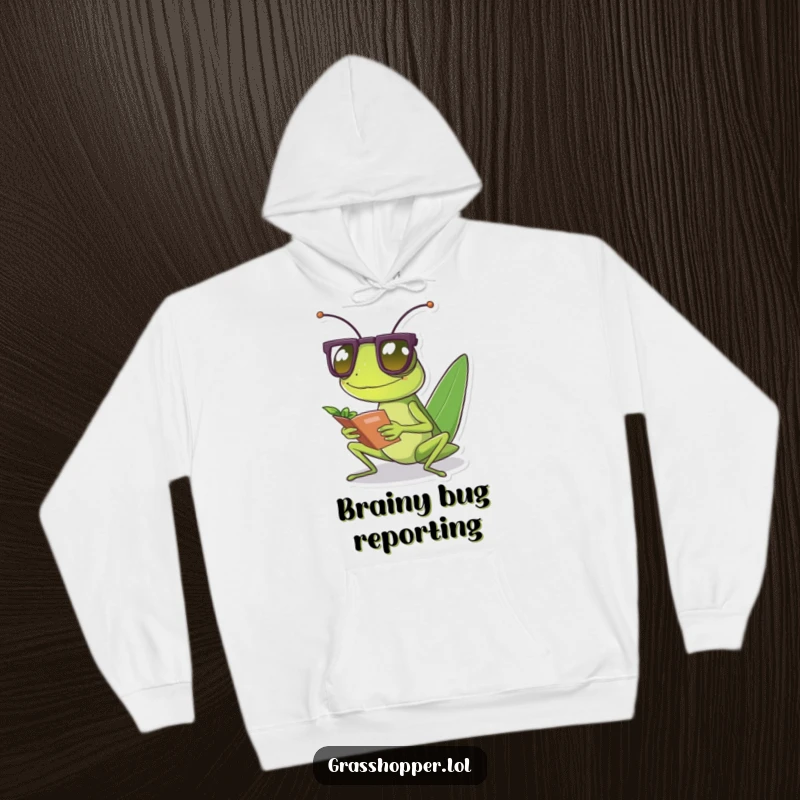 Funny grasshopper wearing tiny spectacles reads a small leaf, featured on a soft, warm hoodie.