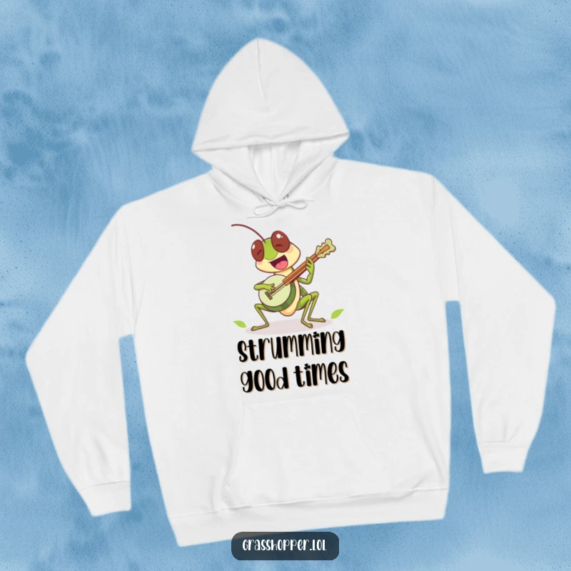 Funny grasshopper character excitedly playing a tiny leaf banjo on this hoodie, a melodious funny gift.