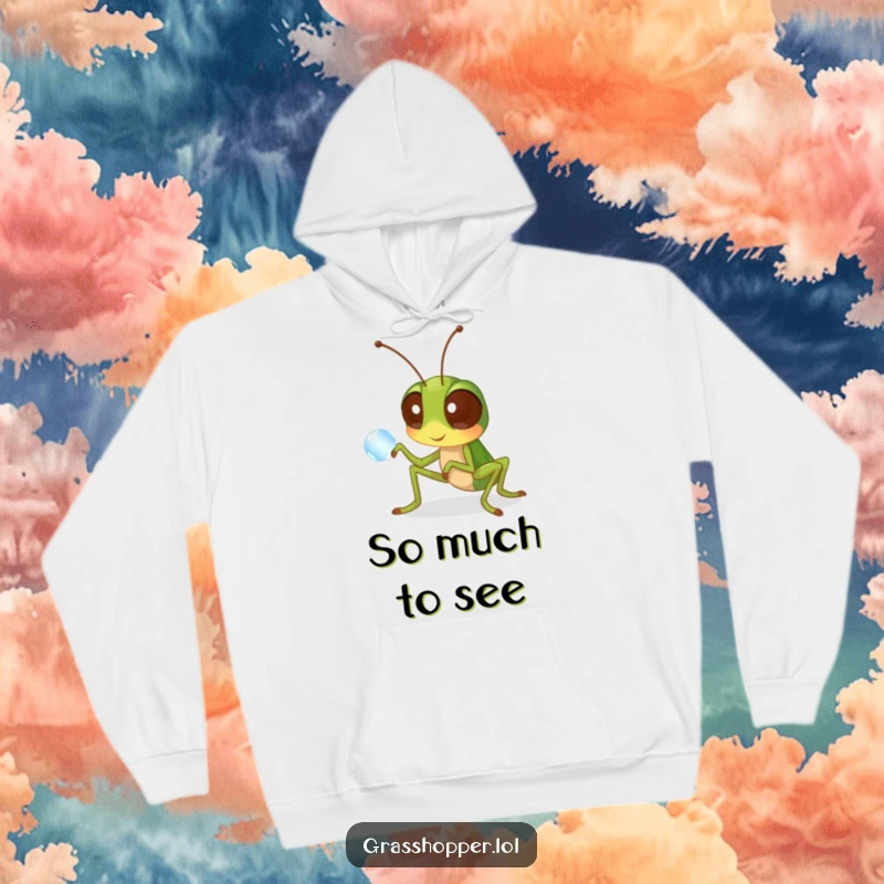 Funny grasshopper hoodie featuring a curious insect with wide eyes looking at a dewdrop, offering comfort and humor.