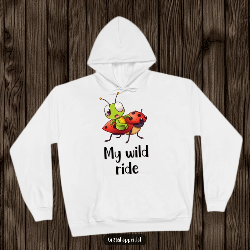 Funny Grasshopper Hoodie depicting a grasshopper with a surprised face riding a ladybug, perfect for cozy wear.