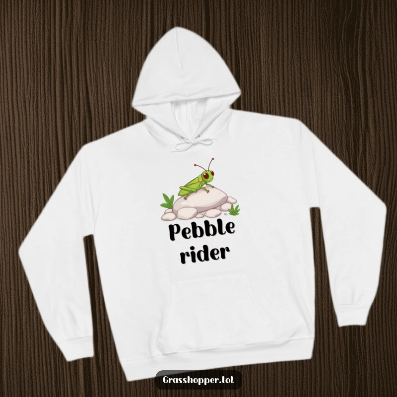 Funny Grasshopper Hoodie featuring a happy insect sliding down a pebble, perfect for cozy moments and cheerful fun.