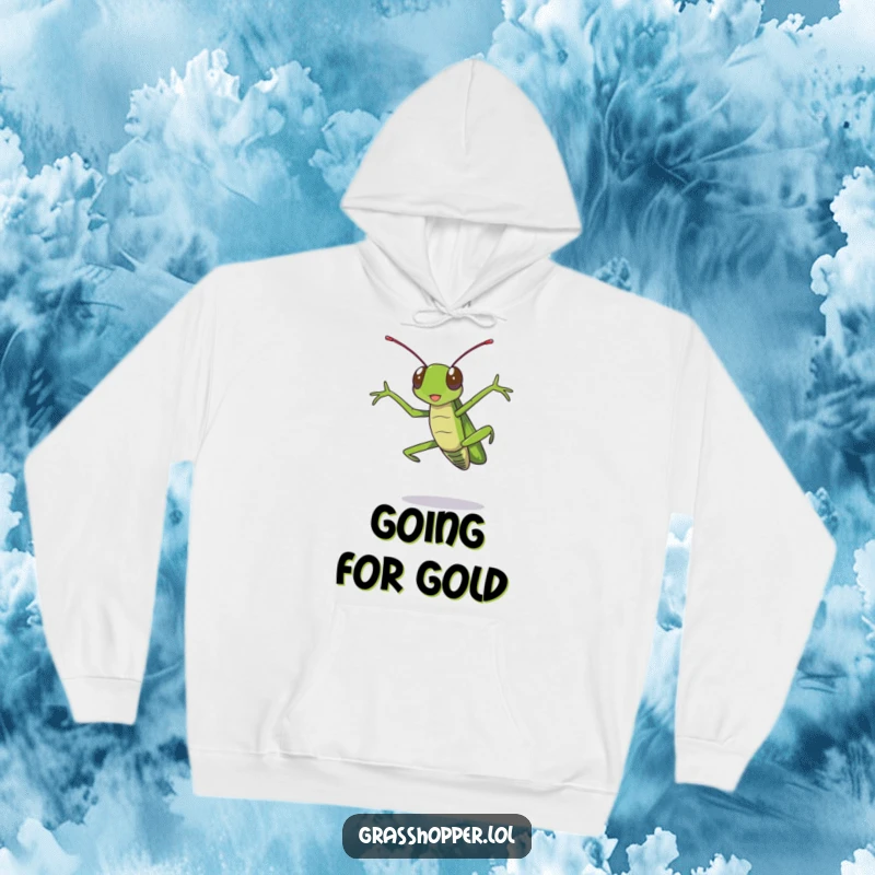 Funny grasshopper hoodie depicting a grasshopper mid-air with legs dramatically extended, ideal for cozy, humorous wear.
