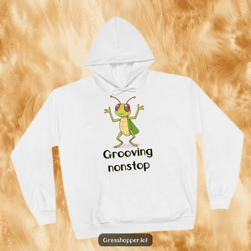 Funny dancing grasshopper hoodie, showing energetic leg movements in a dance, ideal for cozy celebrations, a funny gift.