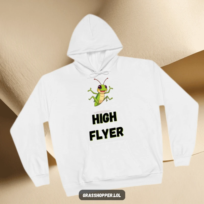 Funny Kawaii Grasshopper Hoodie: A cute insect performing an energetic jump, designed for maximum funny comfort and style.