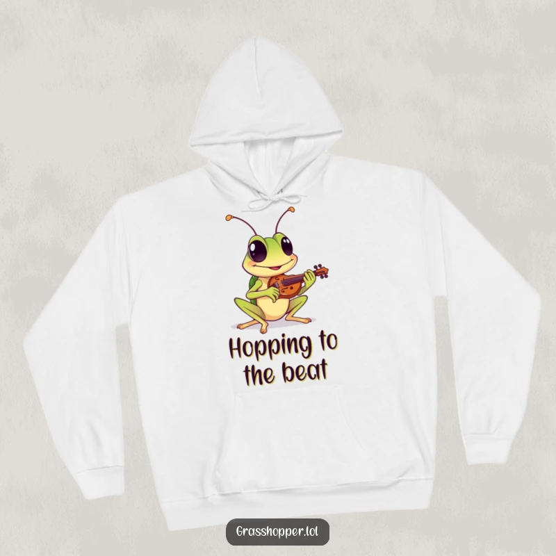 Funny hoodie featuring a grasshopper with a cheerful grin playing a tiny violin, perfect for cozy warmth and funny gifting.