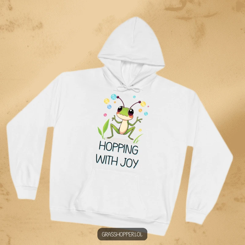 Funny hoodie featuring a grasshopper gleefully juggling colorful dewdrops, perfect for cozy warmth and funny gifting.
