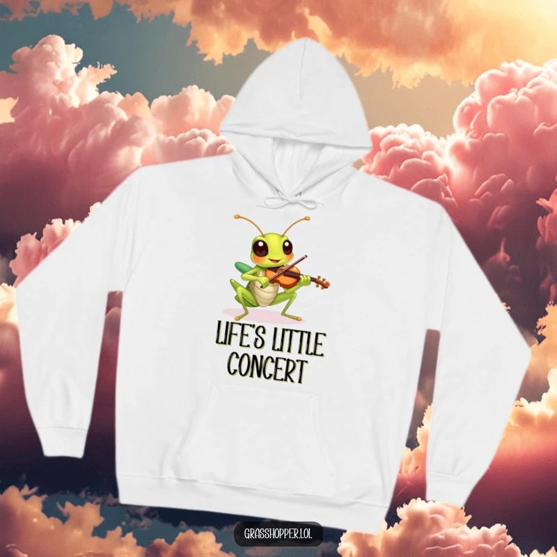 Funny grasshopper cheerfully playing a tiny violin, featured on a soft, warm hoodie.
