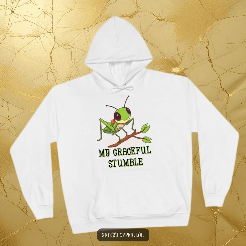 Funny Grasshopper Hoodie depicting a grasshopper tumbling over a tiny twig, perfect for casual wear.