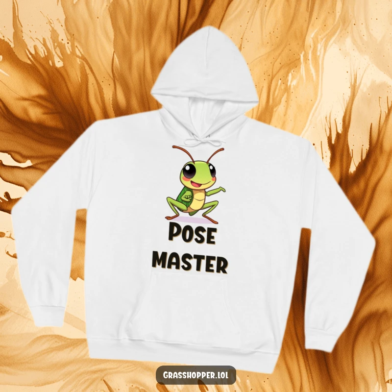 Kawaii grasshopper hoodie showing a happy grasshopper in a dynamic pose, perfect for cozy, energetic wear.
