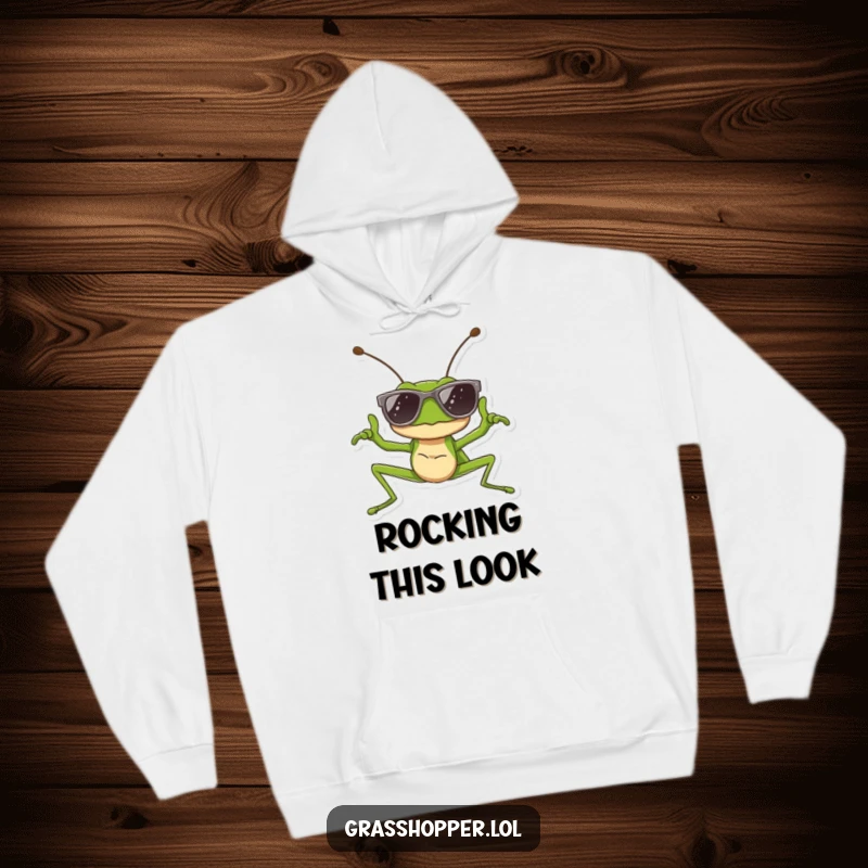 Funny hoodie featuring a grasshopper wearing sunglasses and striking a cool pose, perfect for cozy warmth and funny gifting.