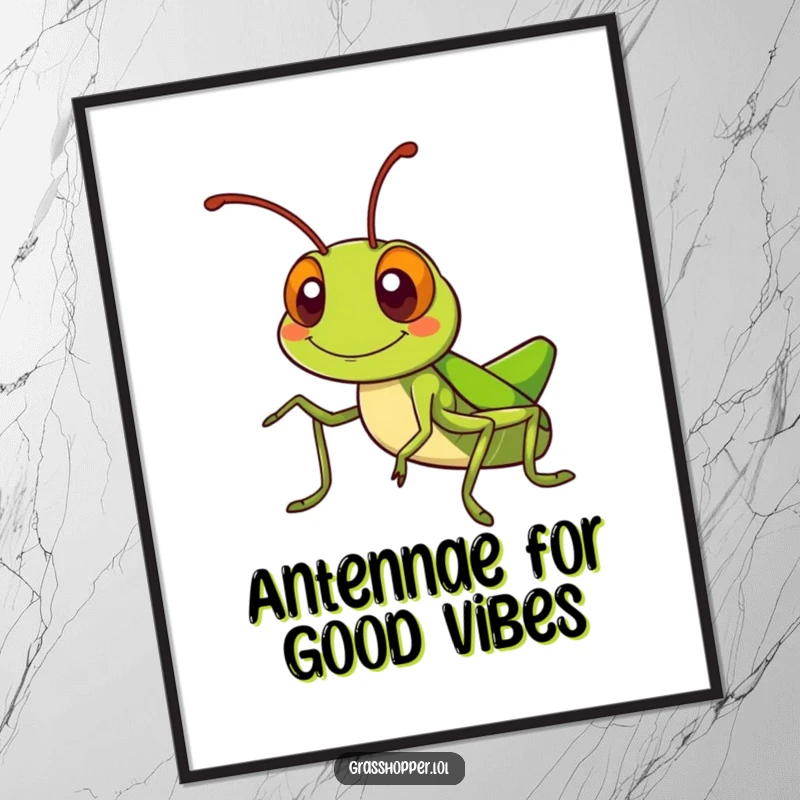 Funny Free Printable Wall Art: Adorable kawaii grasshopper with a silly grin waving its antennae. Cheerful decor.